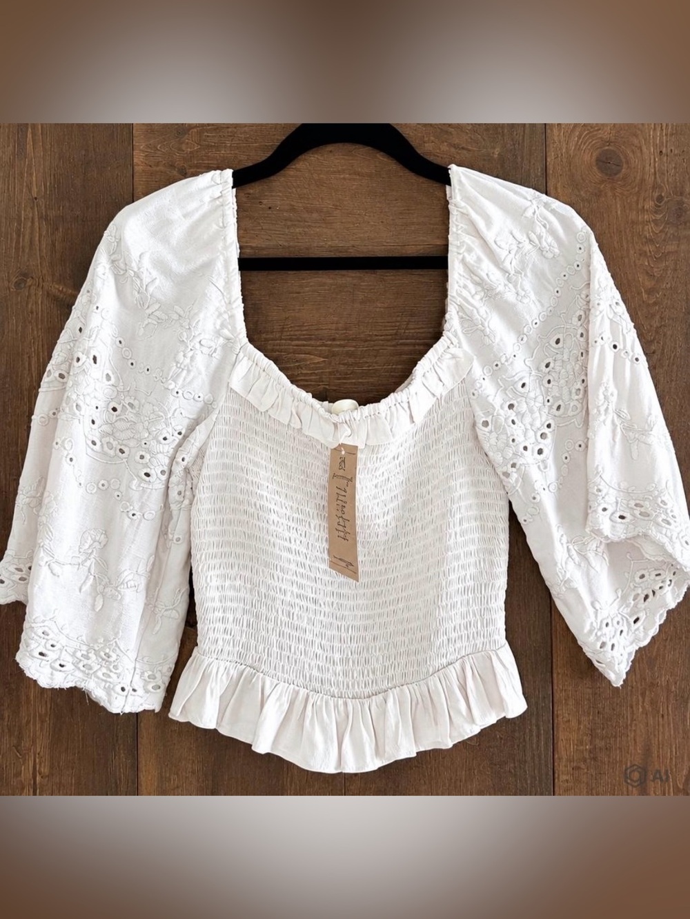 Smocked Eyelet Puff-Sleeve Top in Light Pink
